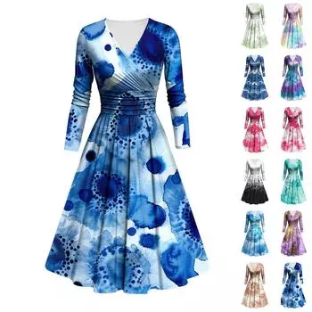 Женское модное облегающее платье с V-образным вырезом и длинными рукавами, с оборками и принтом тай-дай, повседневное платье XXXXXL