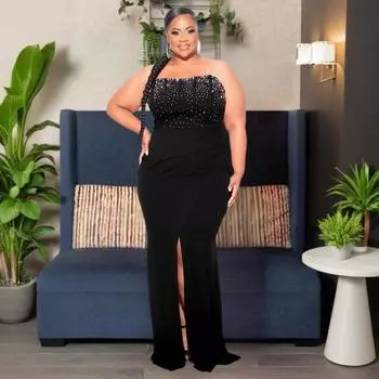 Женское модное облегающее платье с высоким разрезом и открытыми плечами S чёрный