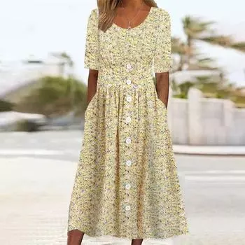 Женское модное однобортное повседневное платье с круглым вырезом и цветочным принтом S жёлтый