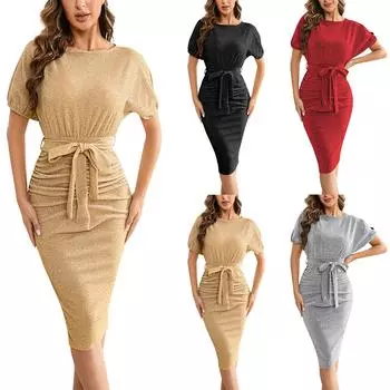 Женское модное однотонное блестящее яркое платье с коротким рукавом и круглым вырезом L чёрный