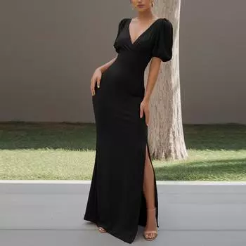 Женское модное однотонное длинное платье с V-образным вырезом и боковыми разрезами, вечернее платье с короткими рукавами M чёрный
