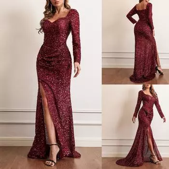 Женское модное однотонное длинное платье с разрезом и нерегулярными длинными рукавами и пайетками L винный