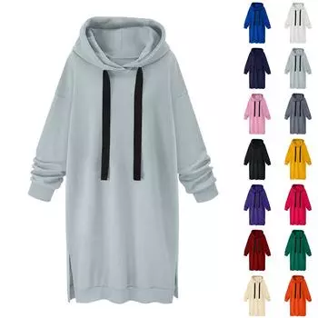 Женское модное однотонное длинное платье с капюшоном и длинными рукавами L чёрный