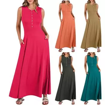 Женское модное однотонное длинное свободное платье без рукавов с круглым вырезом в стиле пэчворк L чёрный