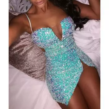 Женское модное однотонное мини-платье без рукавов с v-образным вырезом и пайетками на молнии, праздничное платье, торжественное платье L синий