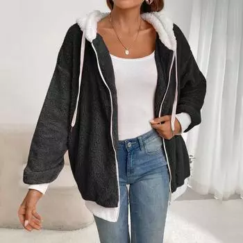 Женское модное однотонное пальто с длинными рукавами, свободная плюшевая куртка с капюшоном на молнии L чёрный