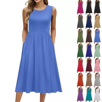 Женское модное однотонное платье без рукавов с круглым вырезом и карманом средней длины L армия зеленый