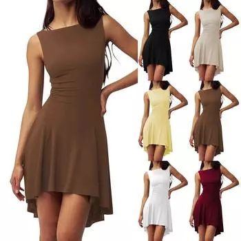 Женское модное однотонное платье без рукавов с круглым вырезом и талией, сексуальное, пикантное, для девушек L чёрный