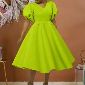 Женское модное однотонное платье большого размера, элегантное цельное платье с v-образным вырезом и пышными рукавами S зелёный