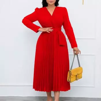 Женское модное однотонное платье большого размера с v-образным вырезом и длинными рукавами, элегантное женское цельное тонкое плиссированное платье на шнуровке S красный