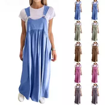 Женское модное однотонное платье из хлопка и льна с подтяжками, длинная юбка L армия зеленый