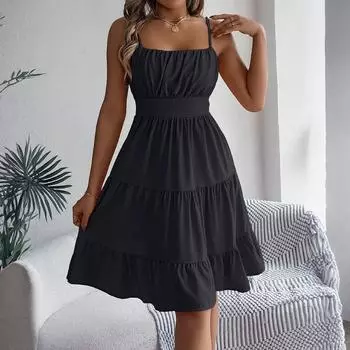 Женское модное однотонное платье-камисоль без рукавов с квадратным вырезом и многослойной плиссировкой S чёрный