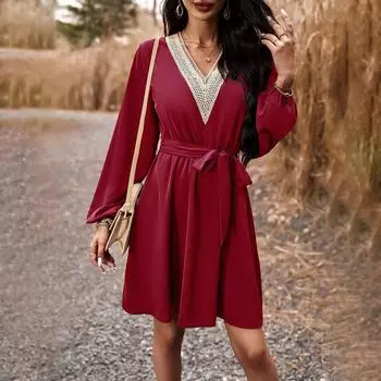 Женское модное однотонное платье на шнуровке, осеннее и зимнее элегантное элегантное платье с v-образным вырезом и длинными рукавами XL белый