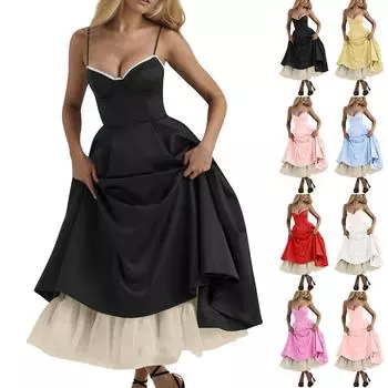 Женское модное однотонное платье принцессы с сеткой и двухслойным платьем на подтяжках M чёрный