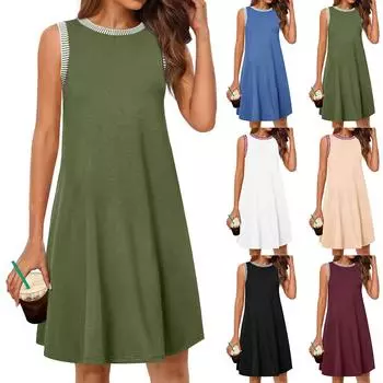 Женское модное однотонное платье-пуловер без рукавов с круглым вырезом S чёрный