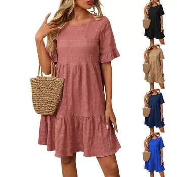 Женское модное однотонное платье-пуловер с круглым вырезом и короткими рукавами L чёрный