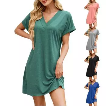 Женское модное однотонное платье-пуловер с V-образным вырезом и короткими рукавами L чёрный