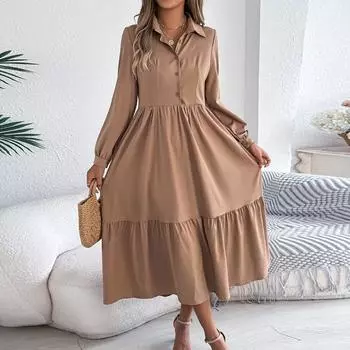 Женское модное однотонное платье-рубашка с лацканами на пуговицах, повседневное, свободного кроя, с длинным рукавом XL хаки
