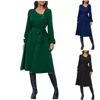 Женское модное однотонное платье с асимметричным вырезом и длинными рукавами на пуговицах S синий