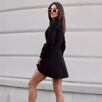 Женское модное однотонное платье с длинным рукавом на весну и осень с лацканами S красный