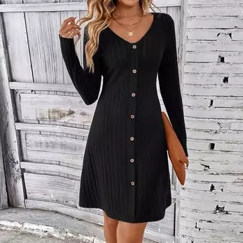 Женское модное однотонное платье с длинными рукавами и пуговицами на талии L чёрный