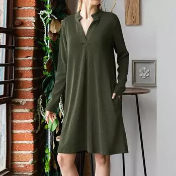 Женское модное однотонное платье с длинными рукавами и V-образным вырезом M армия зеленый