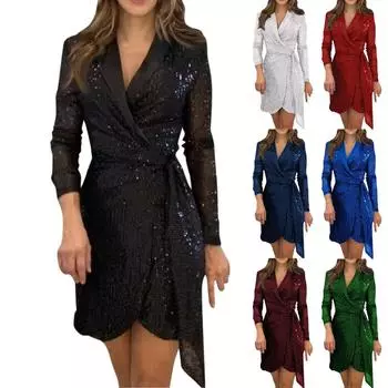 Женское модное однотонное платье с длинными рукавами и поясом с пайетками L чёрный