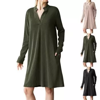 Женское модное однотонное платье с длинными рукавами и V-образным вырезом M армия зеленый