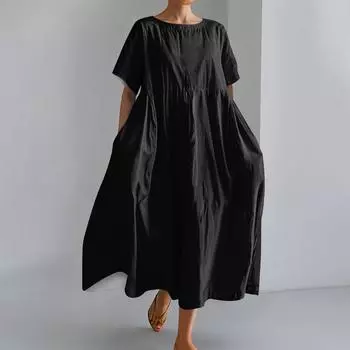 Женское модное однотонное платье с круглым вырезом и короткими рукавами, свободное платье с карманами и подолом L чёрный