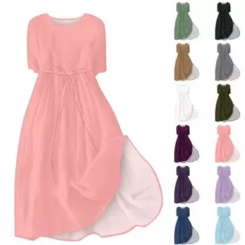 Женское модное однотонное платье с круглым вырезом и короткими рукавами и завязками, повседневное платье