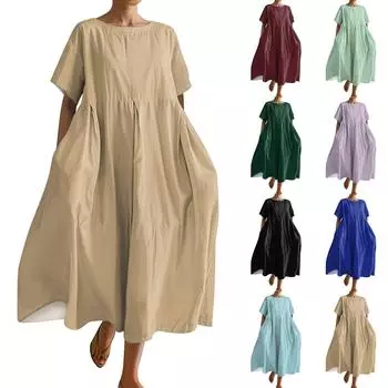 Женское модное однотонное платье с круглым вырезом и короткими рукавами, свободное платье с карманами и подолом L чёрный