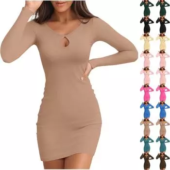 Женское модное однотонное платье с круглым вырезом и длинными рукавами M