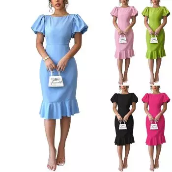 Женское модное однотонное платье с круглым вырезом и короткими рукавами, с оборками, сексуальное, элегантное, с рыбьим хвостом L чёрный