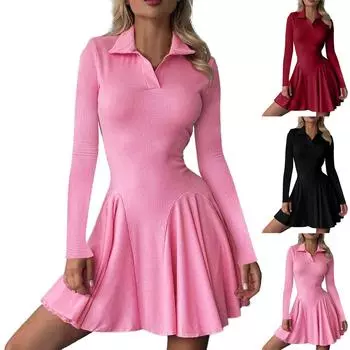 Женское модное однотонное платье с лацканами на талии L чёрный