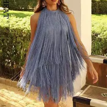 Женское модное однотонное платье с лямкой на шее и кисточками на спине, элегантное сексуальное мини-платье без рукавов, лето 2023, женские шикарные вечерние платья S синий