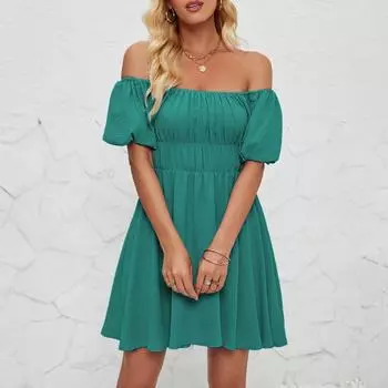 Женское модное однотонное платье с одной линией выреза и короткими рукавами, темпераментное плиссированное платье с высокой талией L