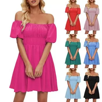 Женское модное однотонное платье с одной линией выреза и короткими рукавами, темпераментное плиссированное платье с высокой талией L