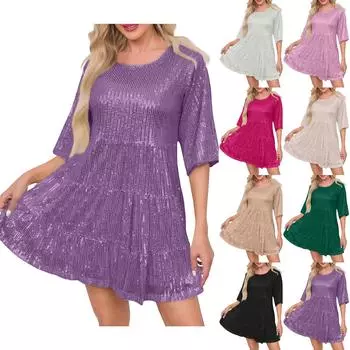 Женское модное однотонное платье с открытой талией и короткими рукавами, юбка, вечернее платье с пайетками L чёрный