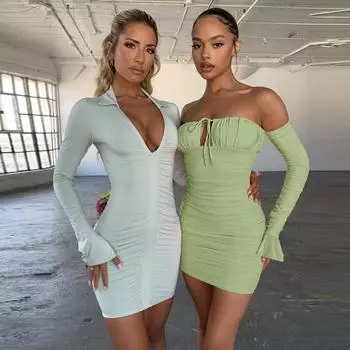 Женское модное однотонное платье с открытыми плечами и длинными рукавами, облегающее мини-платье XS чёрный