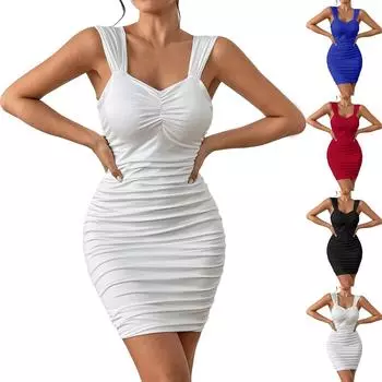 Женское модное однотонное платье с подтяжками и складками на талии, лето S