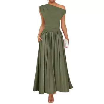 Женское модное однотонное платье с покатыми плечами и сексуальной талией, длинное платье с карманами L армия зеленый