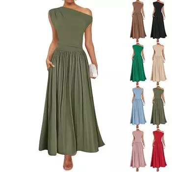 Женское модное однотонное платье с покатыми плечами и сексуальной талией, длинное платье с карманами L армия зеленый
