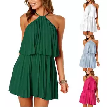 Женское модное однотонное платье с сексуальным лифом и подтяжками, двухслойное, плиссированное, короткое L зелёный