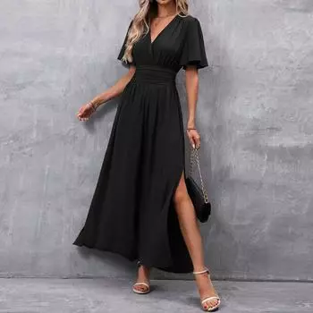 Женское модное однотонное платье с V-образным вырезом, элегантное, с короткими рукавами, завязывающееся на талии, с высоким разрезом, длинное платье M чёрный