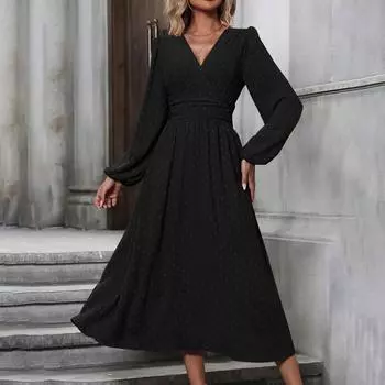 Женское модное однотонное платье с V-образным вырезом, длинными рукавами и плиссировкой, универсальное XXL чёрный