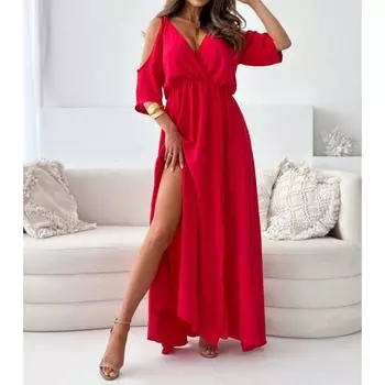 Женское модное однотонное платье с V-образным вырезом и короткими рукавами S красный