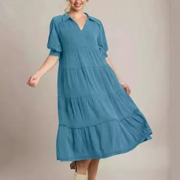 Женское модное однотонное платье с V-образным вырезом, короткими рукавами, плиссированными слоями и лоскутной отделкой, свободного кроя XL синий