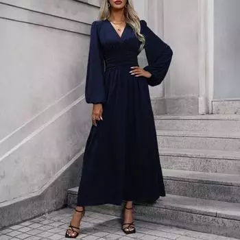 Женское модное однотонное платье с V-образным вырезом, длинными рукавами и разрезом XXL тёмно-синий