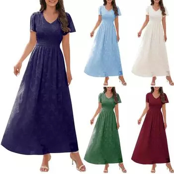 Женское модное однотонное платье с v-образным вырезом и коротким рукавом, праздничное дорожное платье L синий