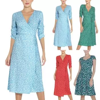 Женское модное однотонное платье с v-образным вырезом и винтажными цветами с длинными рукавами L